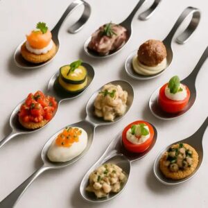 Mini Appetizers Served on Spoons for Elegant Cocktail Parties